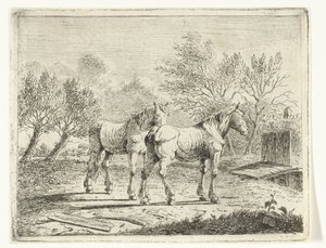 Paisaje de pasto con dos caballos cerca de un puente y una granja de Cornelis  Bisschop