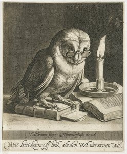 Búho con gafas y libros. Alrededor de 1625