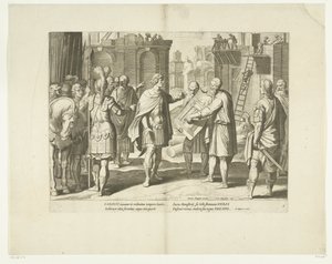 Karel V laat een klooster bouwen, 1555, nr. 8 Escenas uit het leven van Karel V (título de la serie) La vida del Emperador Carlos V. en bellísimos grabados en huecograbado sobre los diseños del célebre A. Tempeste, por dos de los más hábiles Maestros J. de de Cornelis Boel