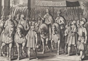 Placa 3: Carlos V Coronado Emperador entrando en Roma con el Papa, de los Triunfos de Charl... de Cornelis Boel