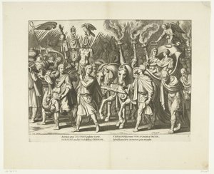 Triomfwagen van Karel V en Ferdinand, na de bevrijding van Wenen van de Turken, ca. 1532, núm. 7 Escenas uit het leven van Karel V (título de la serie) La vida del emperador Carlos V. en bellísimas tallas grabadas sobre los diseños del famoso A. Tempest