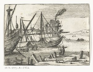 Vista del puerto con dos veleros y un galeón, dos hombres parados en el muelle Paisajes y marinos (título de la serie) de Cornelis Bol (attributed to)