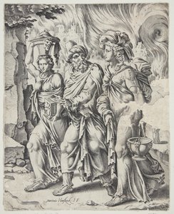 Lot y sus hijas dejando la ardiente Sodoma de Cornelis Bos