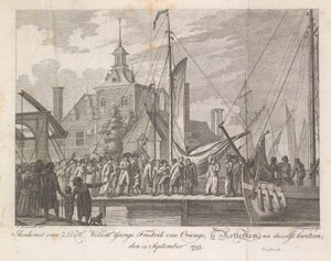 Llegada del príncipe herido Willem George Frederik a Rotterdam, 1793 Llegada de Z.D.H. Willem George Fredrik van Oranje, en Rotterdam, después de sus heridas, 15 de septiembre de 1793 (título sobre el objeto)