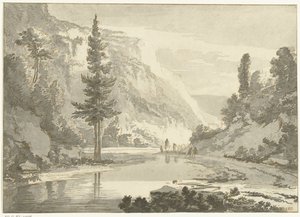 Paisaje de montaña con pastores en la orilla de un río de Cornelis Brouwer