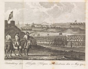 Tropas francesas saliendo de Landrecy, 1794 Extracción de la Troupen francesa de Landrecies den 11 de mayo de 1794 (título sobre el objeto) de Cornelis Brouwer