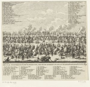 Batalla de Kijkduin, 1673 Batalla Naval entre el Hr. administración. M. de Ruiter, Prince Robbert y Count de Estrée por Kykdn. 21 de agosto de 1673 (título sobre el objeto) de Cornelis Brouwer
