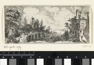 Paisaje montañoso con vistas a un río. Paisajes (título de la serie) de Cornelis Claesz van Wieringen (possibly)