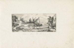 Paisaje de río con dos mujeres en un puente. Paisajes (título de la serie) de Cornelis Claesz van Wieringen (possibly)