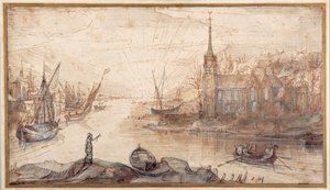 Una escena de puerto con barcos y una iglesia al atardecer