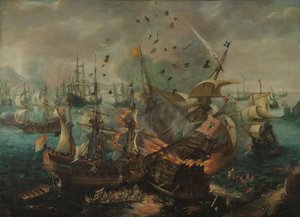 Batalla de Gibraltar en 1607
La explosión del buque insignia español durante la batalla de Gibraltar, 25 de abril de 1607 de Cornelis Claesz  van Wieringen