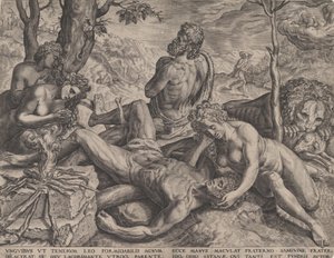 Adán y Eva lamentando la muerte de Abel de Cornelis Cort