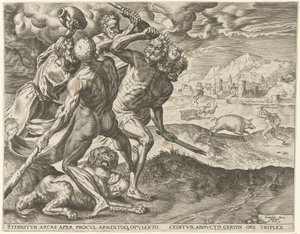 Hércules mata a Gerión y a su perro
Trabajos de Hércules (título de la serie) de Cornelis Cort