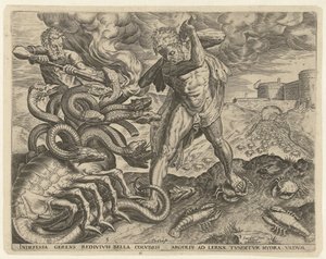 Hércules conquista la hidra de Lerna Trabajos de Hércules (título de la serie) de Cornelis Cort