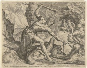 Hércules saca a Cerbero del infierno Trabajos de Hércules (título de la serie) de Cornelis Cort