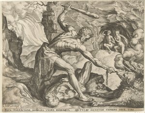 Hércules saca a Cerbero del infierno Trabajos de Hércules (título de la serie) de Cornelis Cort