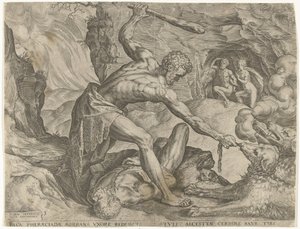 Hércules saca a Cerbero del infierno
Trabajos de Hércules (título de la serie) de Cornelis Cort