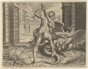 Hércules roba las manzanas de oro de las Hespérides Trabajos de Hércules (título de la serie) de Cornelis Cort