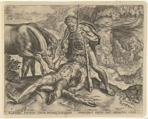 Hércules alimenta a Diomedes con sus caballos. Trabajos de Hércules (título de la serie) de Cornelis Cort