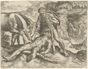 Hércules alimenta a Diomedes con sus caballos. Trabajos de Hércules (título de la serie) de Cornelis Cort