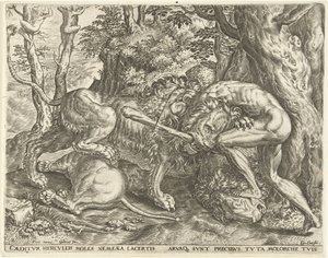 Hércules estrangula al león de Nemea Trabajos de Hércules (título de la serie) de Cornelis Cort