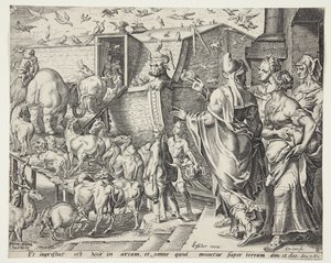 Noé, su familia y los animales abordando el arca de Cornelis Cort