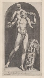 Speculum Romanae Magnificentiae: Baco sobre los hombros de un sátiro de Cornelis Cort