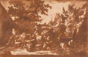 Una calle de pueblo con campesinos bebiendo de Cornelis Dusart