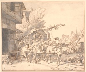 Escena de Mercado con Campesinos Borrachos en un Carro Frente a una Taberna de Cornelis Dusart