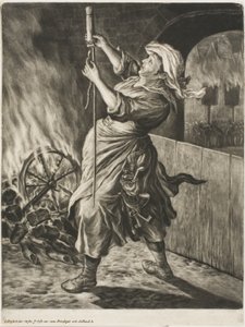 Mujer encendiendo un cohete, también llamado La paz me pone en marcha, de Communia Gaudia (El amplio regocijo en el sitio de Namur) de Cornelis Dusart