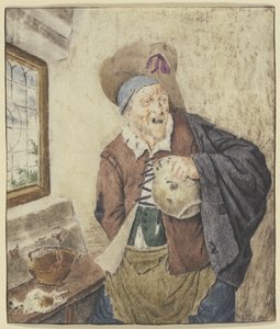 Campesino harapiento junto a una ventana, con una jarra en la mano de Cornelis Dusart