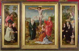 Tríptico de la Crucifixión: Santa Bárbara con donantes (ala derecha); Santiago el Mayor con donantes (ala izquierda); La Crucifixión (centro) de Cornelis Engebrechtsz