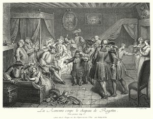 La Rancune corta el sombrero de Ragotin (grabado) de Cornelis Engelbrechtsen