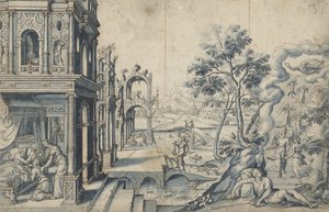 Jacob recibe la bendición de Isaac; la escalera de Jacob de Cornelis Floris (II)