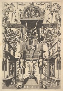 Estructura arquitectónica fantástica con obra de correa y dos pérgolas y una pequeña escena con Vu... de Cornelis Floris Ii