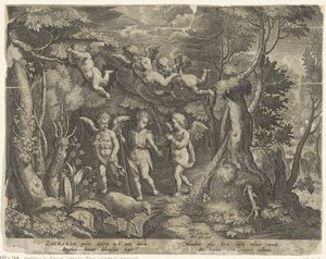 Juan el Bautista es acompañado por ángeles mientras se adentra en el desierto La vida de Juan el Bautista (título de la serie) de Cornelis Galle (I)