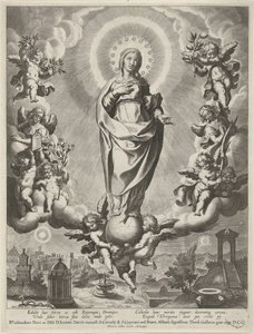 María en un globo, rodeada de ángeles