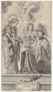 Un santo desconocido (¿Ignacio de Loyola?) se arrodilla ante María con el niño