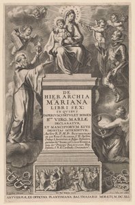 María entronizada con el Niño Portada para: B. de los Rios, De hierarchia Mariana libri sex, Amberes: 1641
