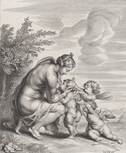 Venus amamantando a tres Cupidos en un paisaje, ca. 1627-78 de Cornelis Galle II