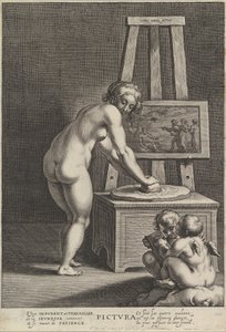 Pictura: alegoría de la pintura, con una mujer desnuda en el centro moliendo pigmentos, dos p..., ca. 1610-50 de Cornelis Galle I