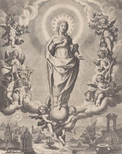 La Virgen en la gloria, de pie sobre nubes y rodeada de ángeles sosteniendo los símbolos..., 1595-1633