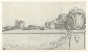 Personas en una balaustrada con festones
Diseños de murales en el castillo de Honselaersdijk (título de la serie) de Cornelis Holsteyn