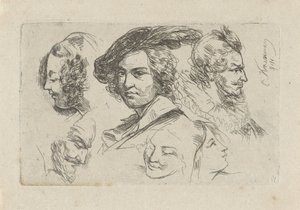 Hoja de estudio con seis cabezas de Cornelis Kruseman