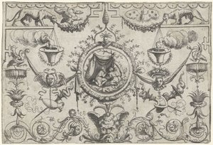 Adorno con tres figuras arrodilladas bajo un paño de Cornelis Massijs (attributed to)