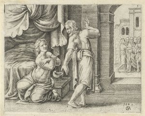 La esposa de Sansón le ruega que le revele la solución al acertijo. Historia de Sansón (título de la serie) de Cornelis Massijs