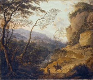 Holandés: Paisaje de montaña con un jinete y un cazador conversando