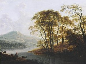 Holandés: Paisaje fluvial boscoso con cabrero Paisaje fluvial boscoso con cabrero