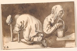 Un hombre arrodillado y una mujer con una cesta de Cornelis Pietersz Bega