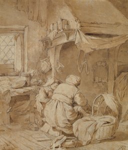 Salón de granja con granjero, cuna y niño, c.1654 de Cornelis Pietersz Bega